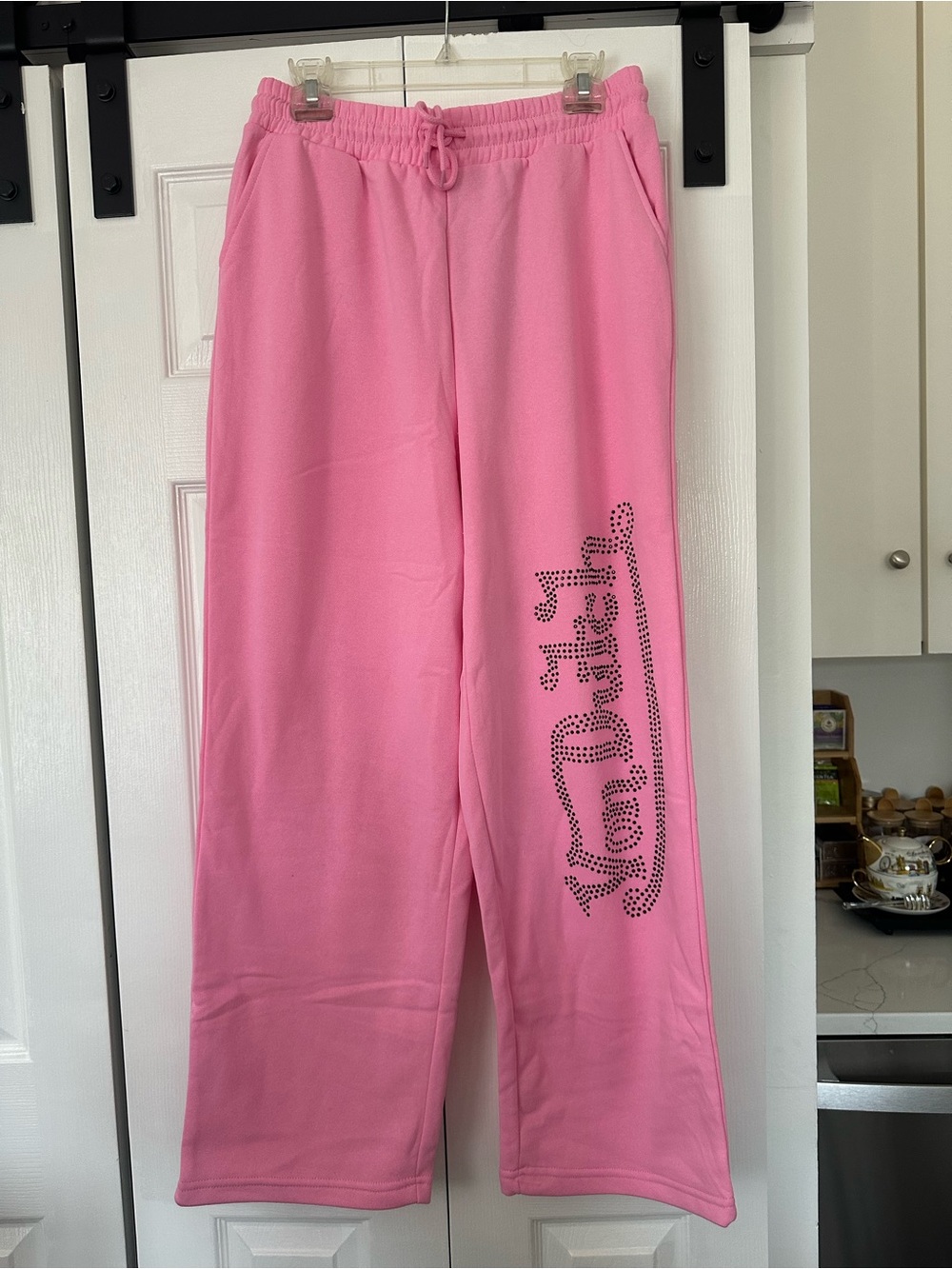 Von Dutch Pink Wide Leg Sweatpants Rhinestone Logo Size Large NWT